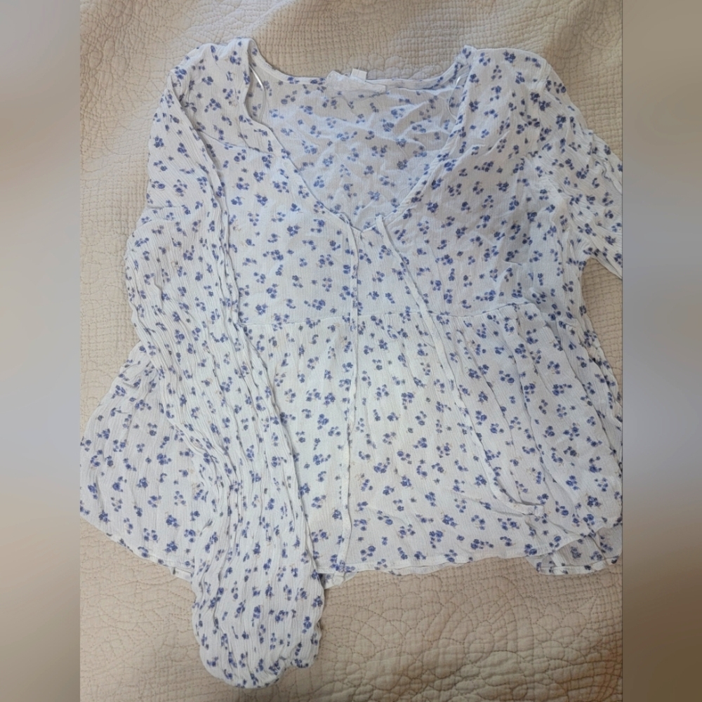Hippie Rose Blue and White Ruffled Wrap Blouse